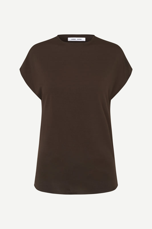 A dark brown short-sleeve crewneck t-shirt with a relaxed fit, displayed on a clean, light off-white background.