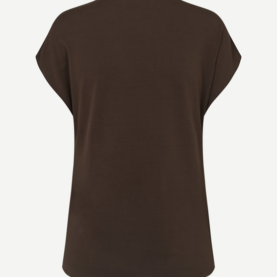 A dark brown short-sleeve t-shirt shown from the back, displayed on a clean, light off-white background.