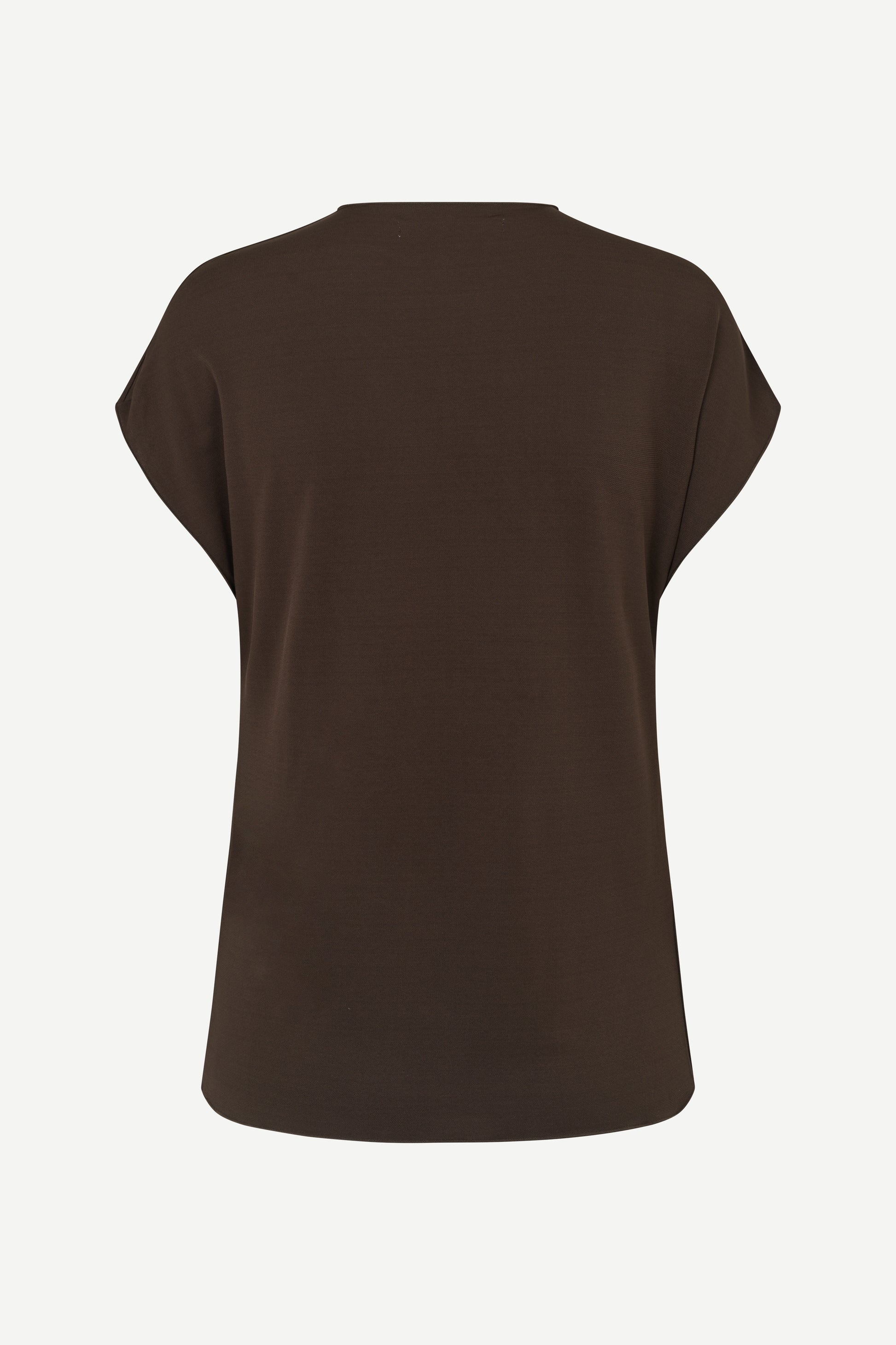 A dark brown short-sleeve t-shirt shown from the back, displayed on a clean, light off-white background.