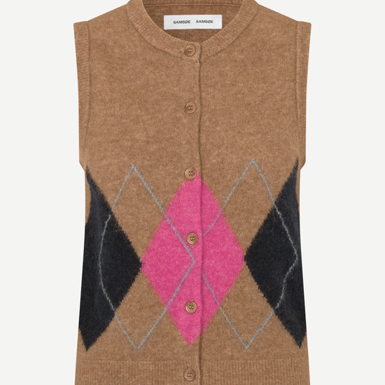 A sleeveless knit cardigan vest in camel brown, featuring a pink and black argyle pattern on the front with a button closure.