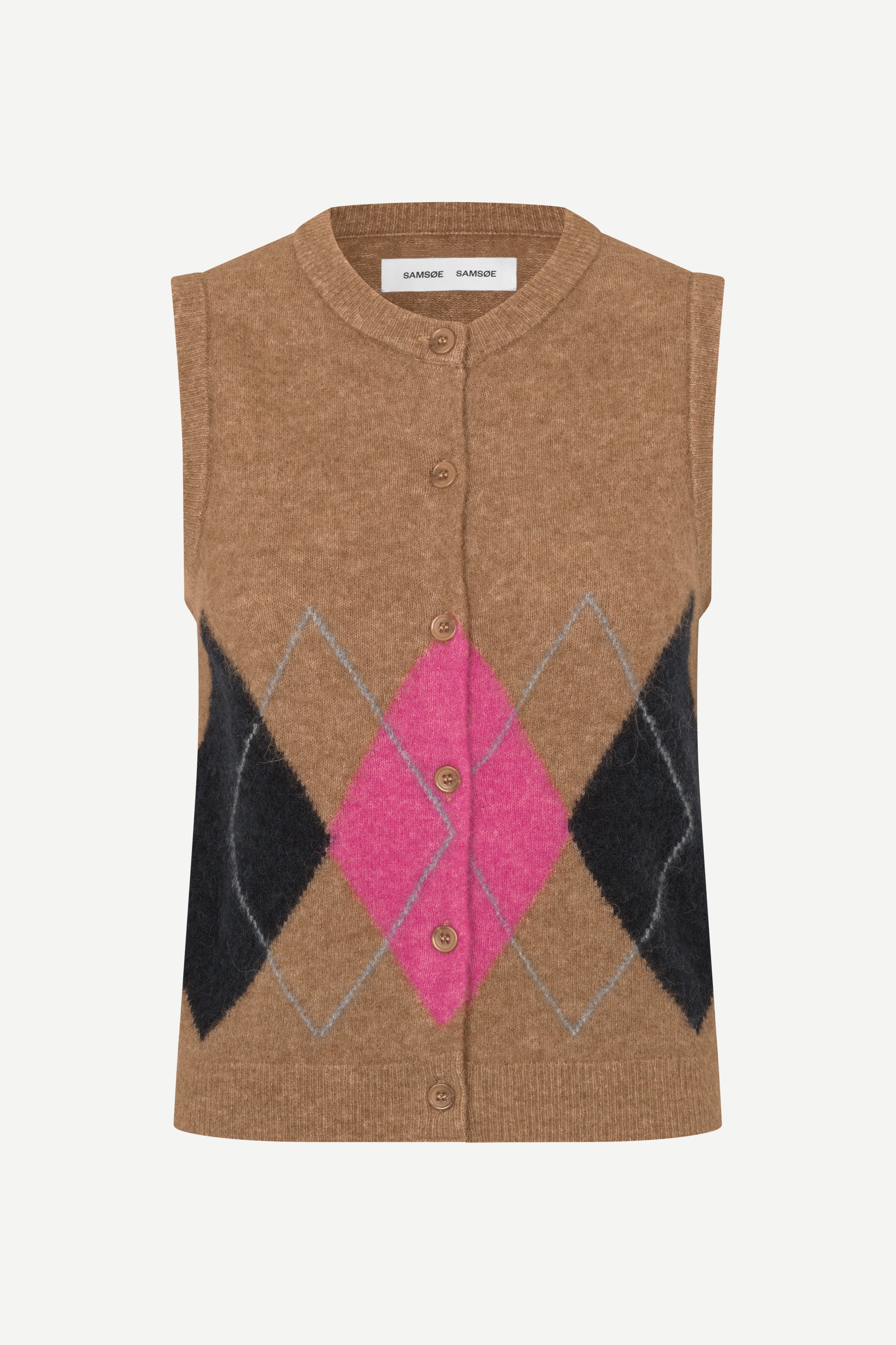 A sleeveless knit cardigan vest in camel brown, featuring a pink and black argyle pattern on the front with a button closure.