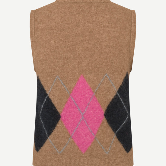 A sleeveless knit sweater vest in camel brown, featuring an argyle pattern with a bright pink diamond, black diamonds, and thin gray outlines on the lower half, shown against a plain light background.
