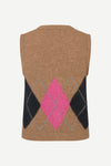 A sleeveless knit sweater vest in camel brown, featuring an argyle pattern with a bright pink diamond, black diamonds, and thin gray outlines on the lower half, shown against a plain light background.