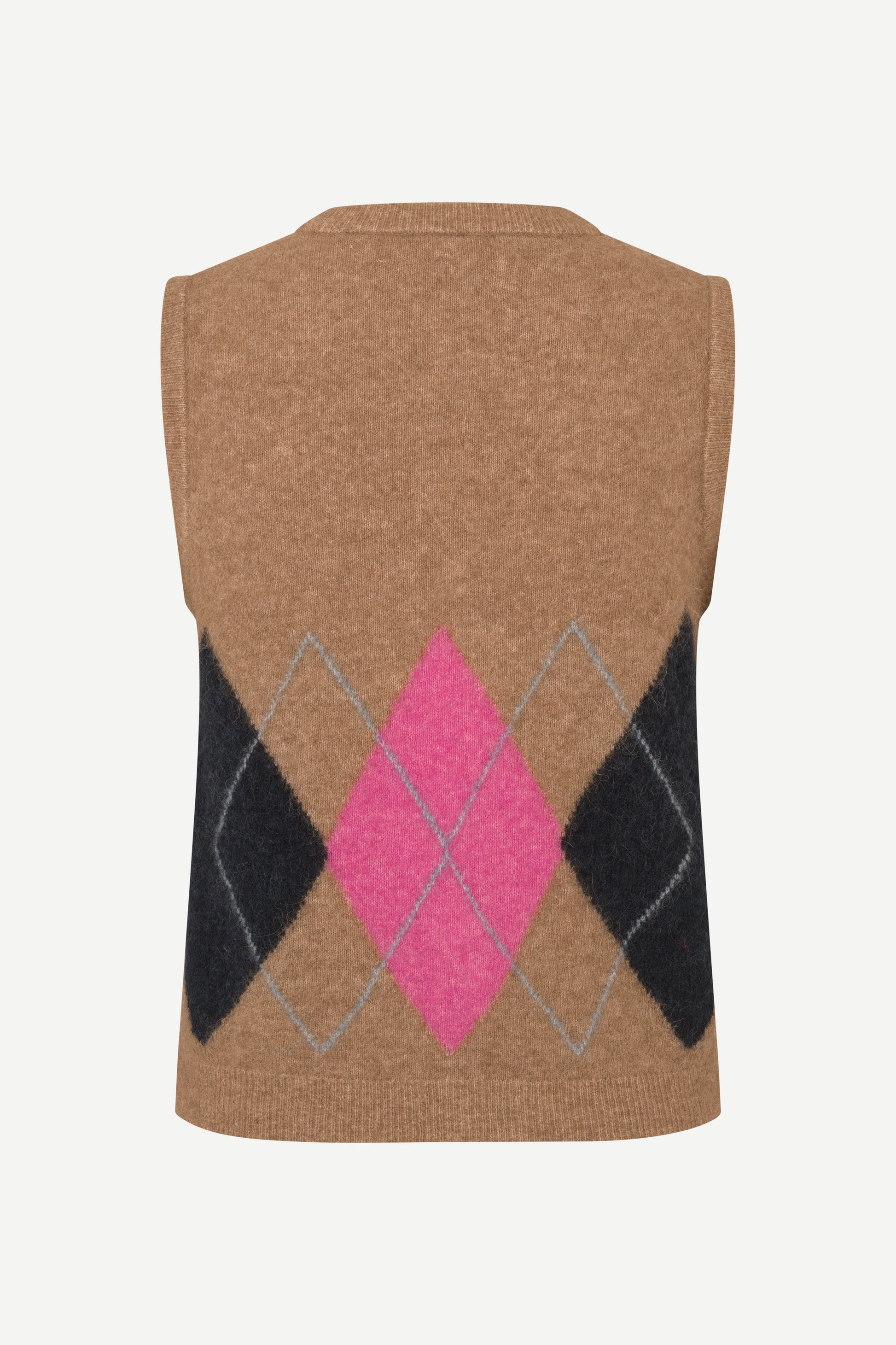 A sleeveless knit sweater vest in camel brown, featuring an argyle pattern with a bright pink diamond, black diamonds, and thin gray outlines on the lower half, shown against a plain light background.