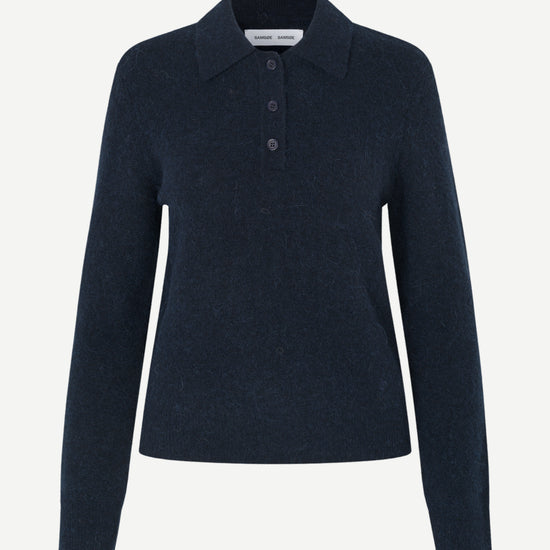 A dark navy blue knit polo sweater with a three-button placket, displayed on a clean, light gray background.