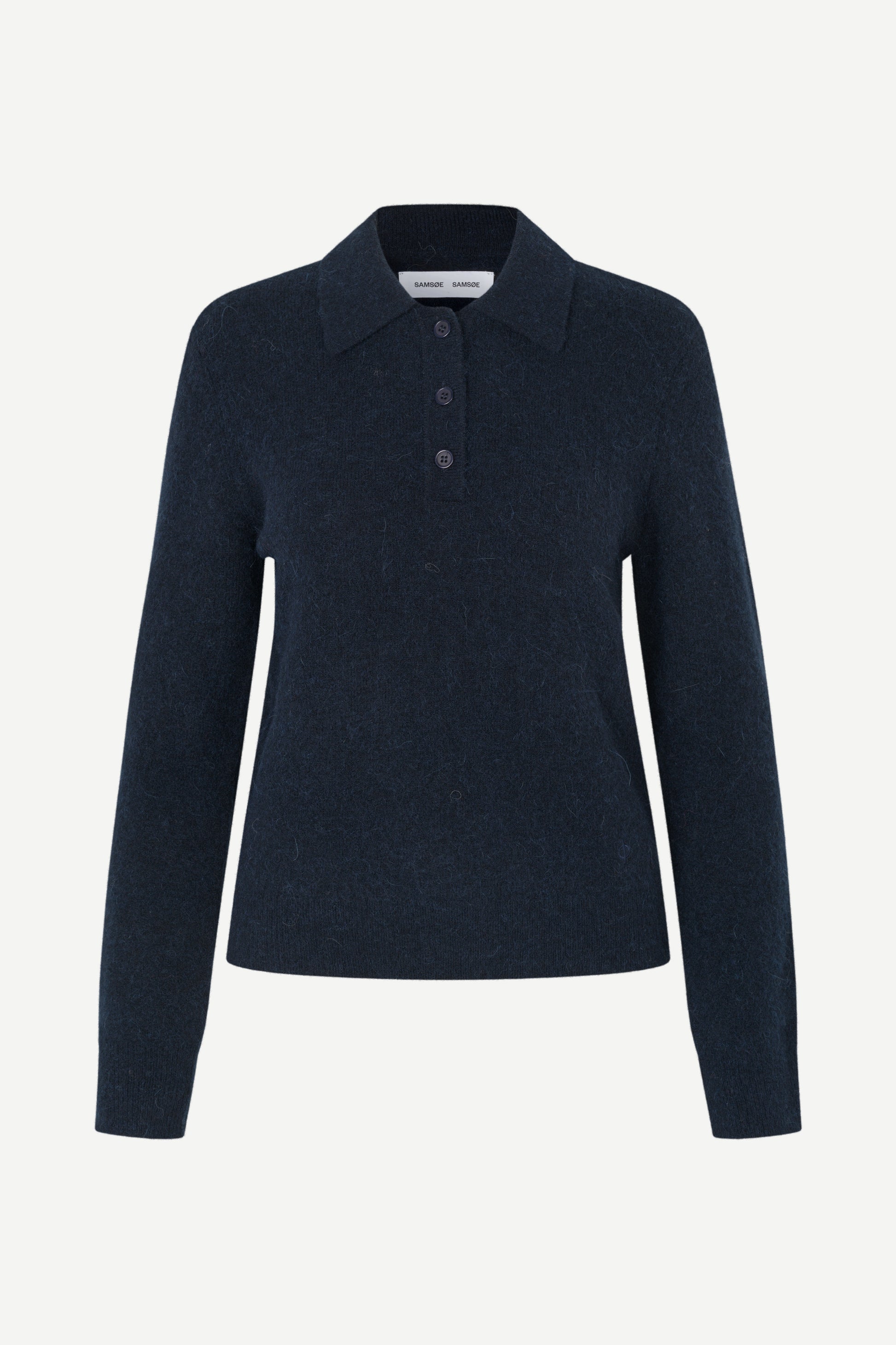 A dark navy blue knit polo sweater with a three-button placket, displayed on a clean, light gray background.