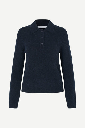 A dark navy blue knit polo sweater with a three-button placket, displayed on a clean, light gray background.