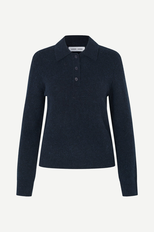 A dark navy blue knit polo sweater with a three-button placket, displayed on a clean, light gray background.
