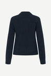 A dark navy blue knit cardigan sweater shown from the back, featuring long sleeves and a simple collar, displayed on a clean, light gray background.