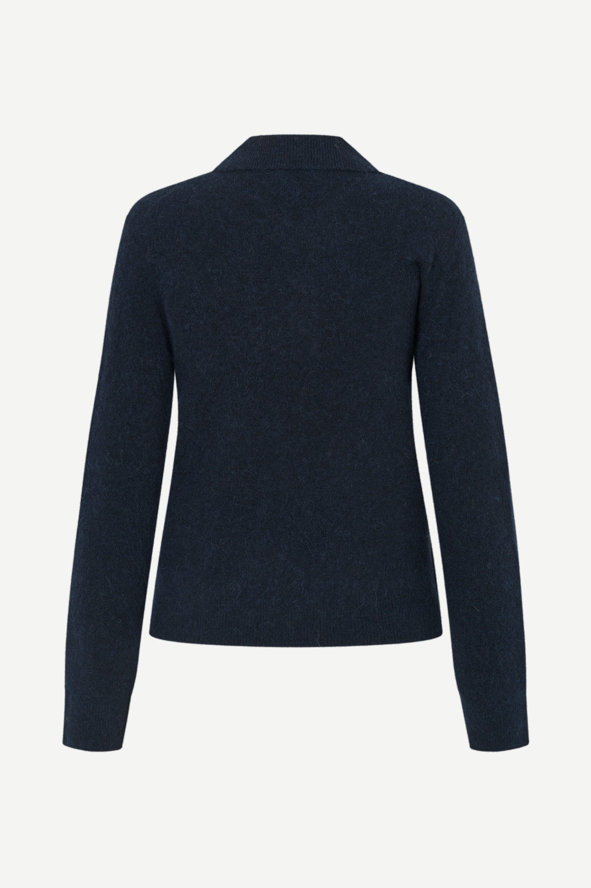A dark navy blue knit cardigan sweater shown from the back, featuring long sleeves and a simple collar, displayed on a clean, light gray background.
