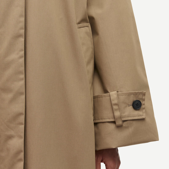 Close-up of a beige trench coat sleeve with a buttoned cuff detail, showing part of a person's hand at the hem against a light gray background.