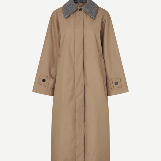 Beige trench coat with a gray collar on a white background