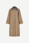 Beige trench coat with a gray collar on a white background