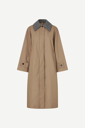 Beige trench coat with a gray collar on a white background