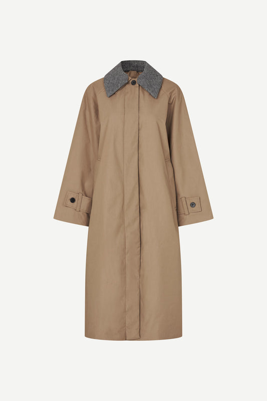Beige trench coat with a gray collar on a white background