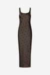 A dark brown sleeveless slip dress with a black polka dot pattern, shown against a plain light gray background.