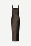 A dark brown satin slip dress with a black polka dot pattern, shown on a plain light gray background.