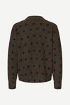 A dark brown knit cardigan with a black polka dot pattern, shown from the back on a plain white background.