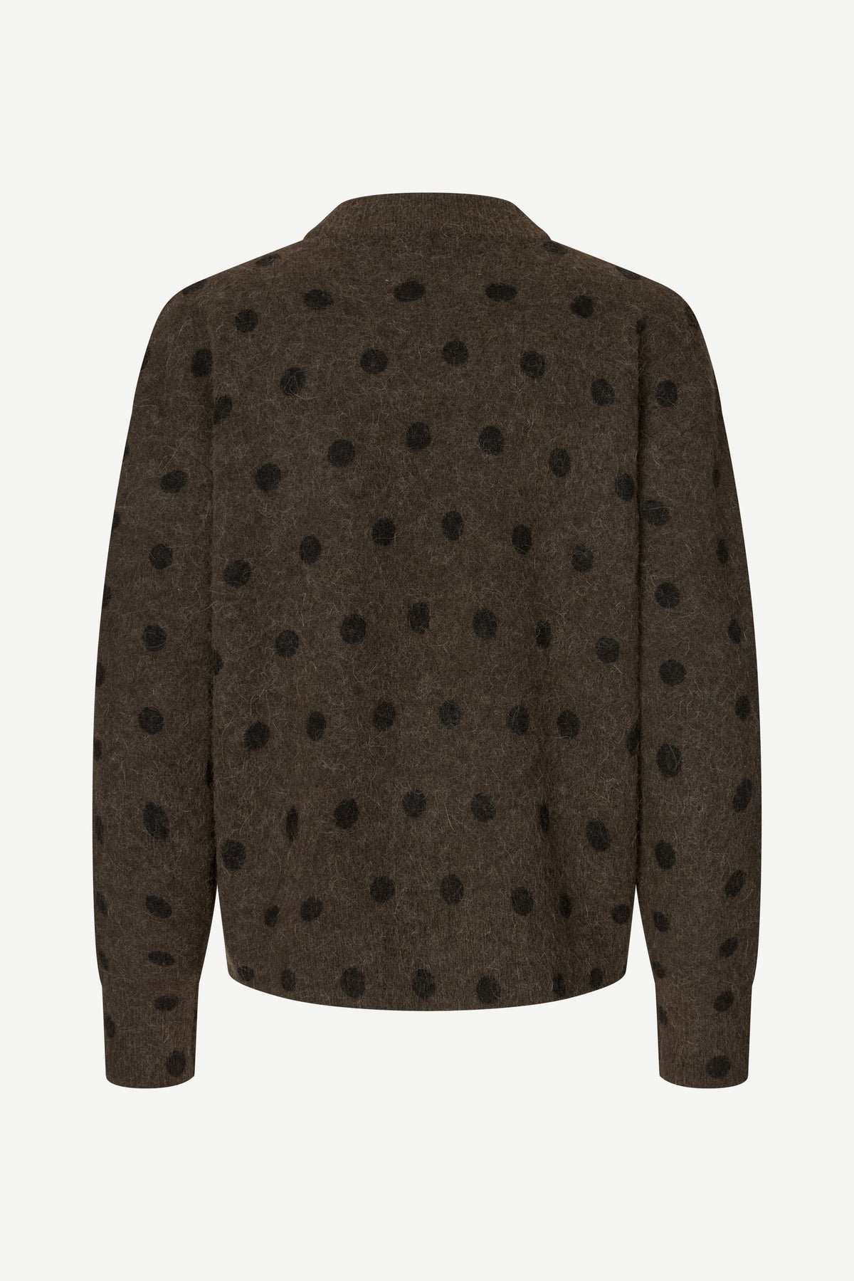 A dark brown knit cardigan with a black polka dot pattern, shown from the back on a plain white background.