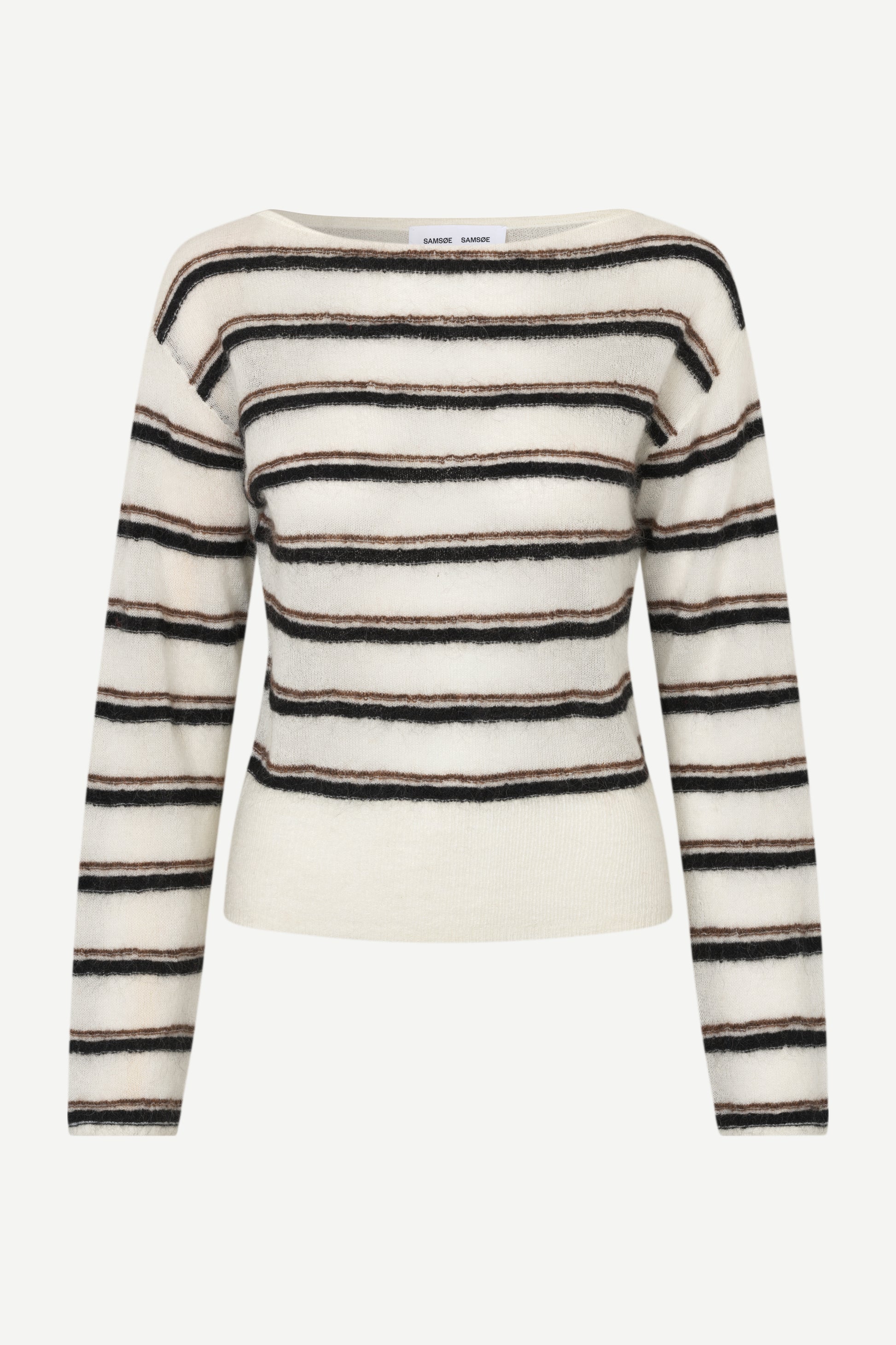 striped boat neck jumper on a white background