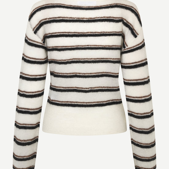 striped boat neck jumper on white background rear view