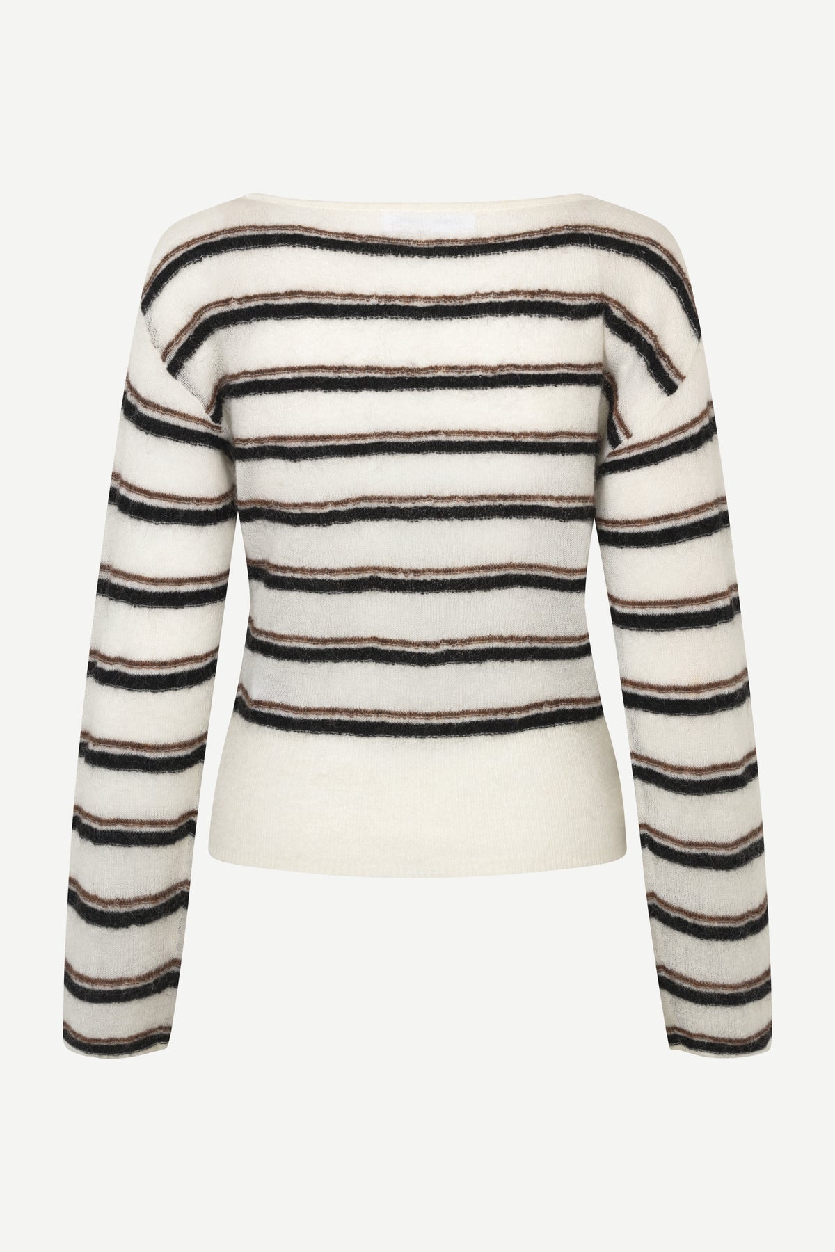 striped boat neck jumper on white background rear view