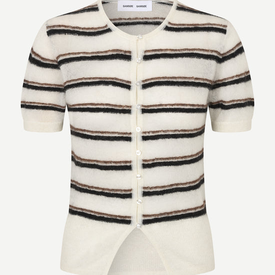 A short-sleeve knit cardigan with horizontal stripes in cream, black, and brown, featuring a button-up front and a split hem, shown against a light gray background.