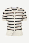A short-sleeve knit cardigan with horizontal stripes in cream, black, and brown, featuring a button-up front and a split hem, shown against a light gray background.