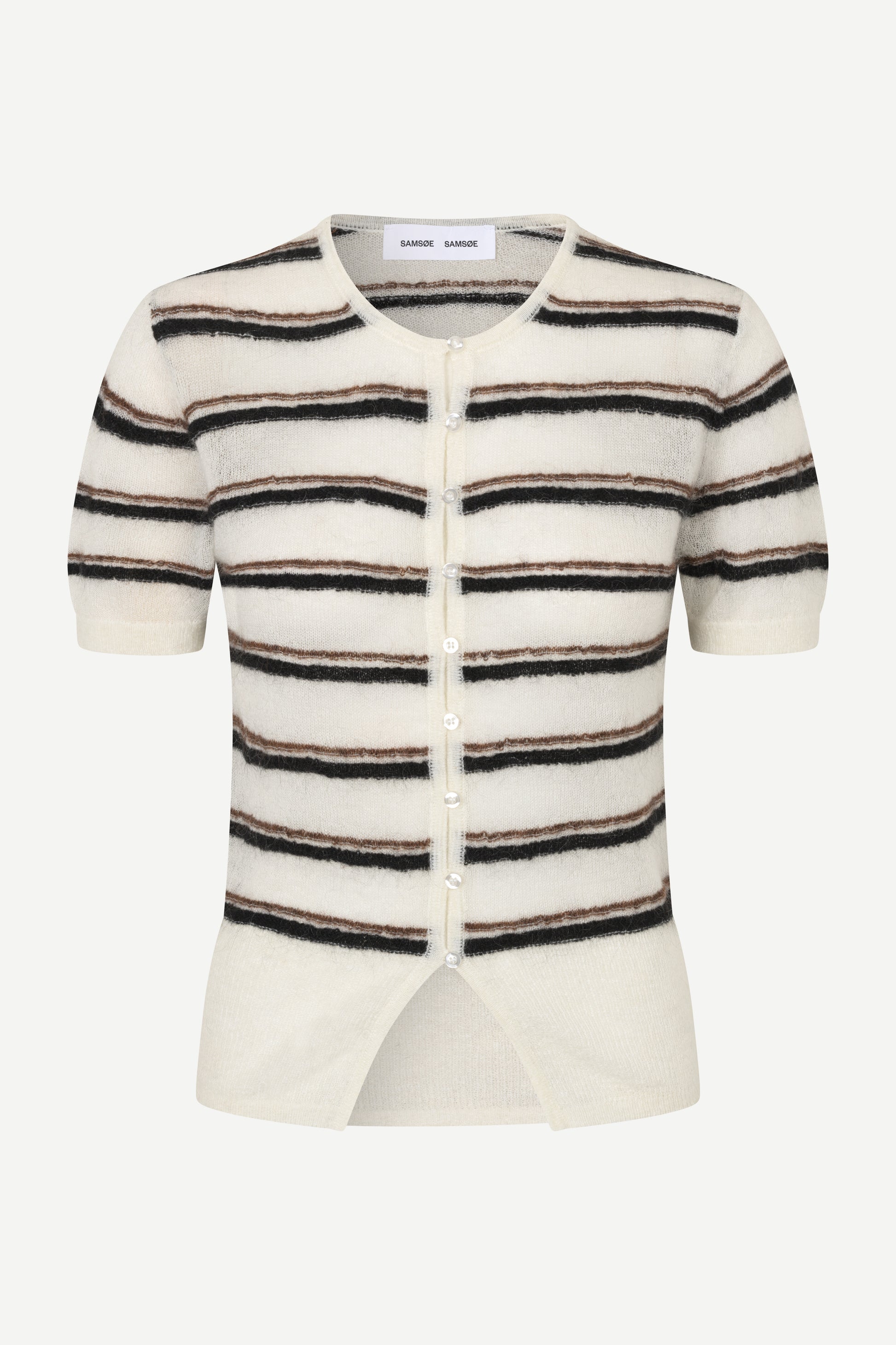 A short-sleeve knit cardigan with horizontal stripes in cream, black, and brown, featuring a button-up front and a split hem, shown against a light gray background.