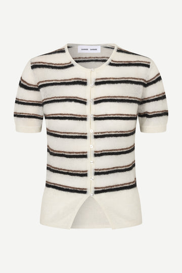 A short-sleeve knit cardigan with horizontal stripes in cream, black, and brown, featuring a button-up front and a split hem, shown against a light gray background.
