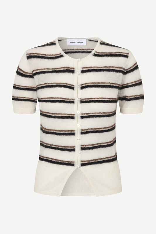 A short-sleeve knit cardigan with horizontal stripes in cream, black, and brown, featuring a button-up front and a split hem, shown against a light gray background.