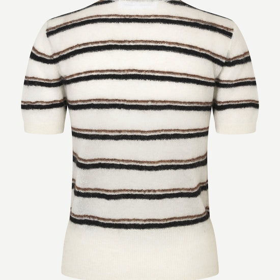 A short-sleeve knit cardigan with horizontal stripes in black, brown, and beige on an off-white background, shown from the back.