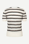 A short-sleeve knit cardigan with horizontal stripes in black, brown, and beige on an off-white background, shown from the back.