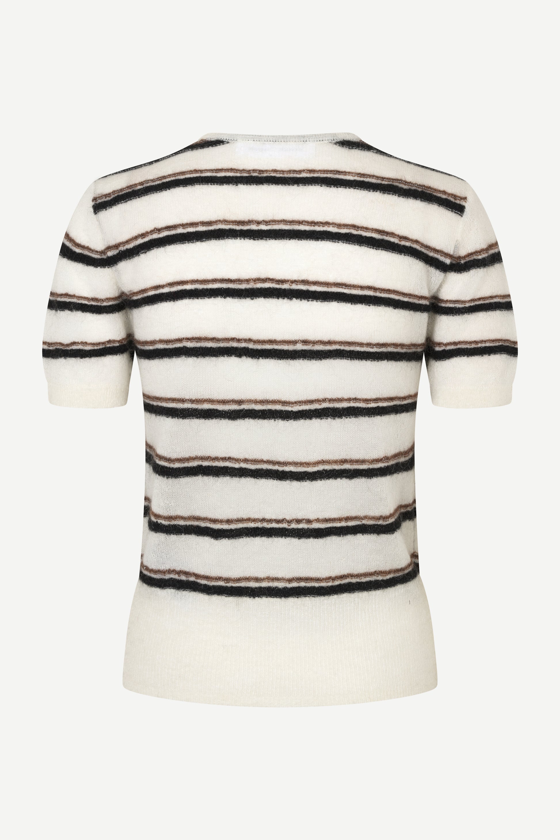 A short-sleeve knit cardigan with horizontal stripes in black, brown, and beige on an off-white background, shown from the back.