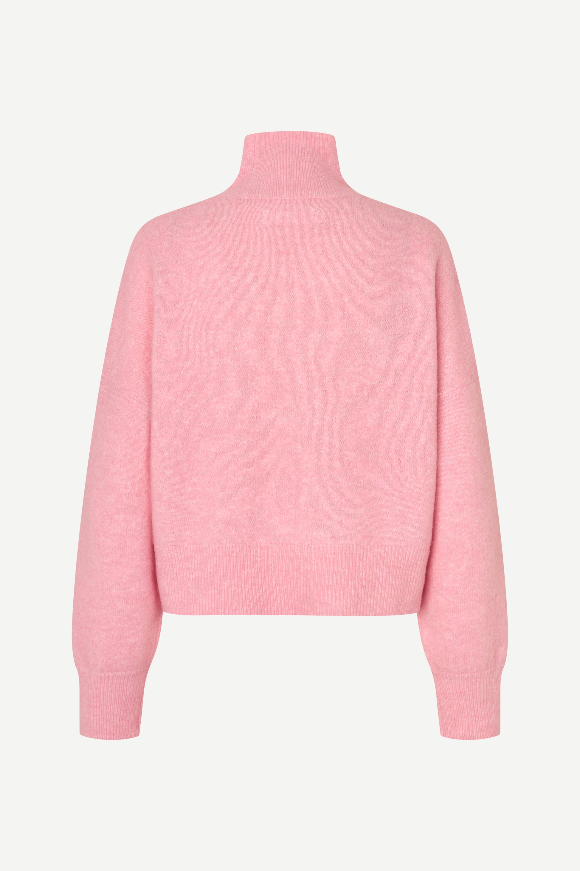 A light pink knit sweater with a mock neck and long sleeves, shown from the back on a clean, light off-white background.