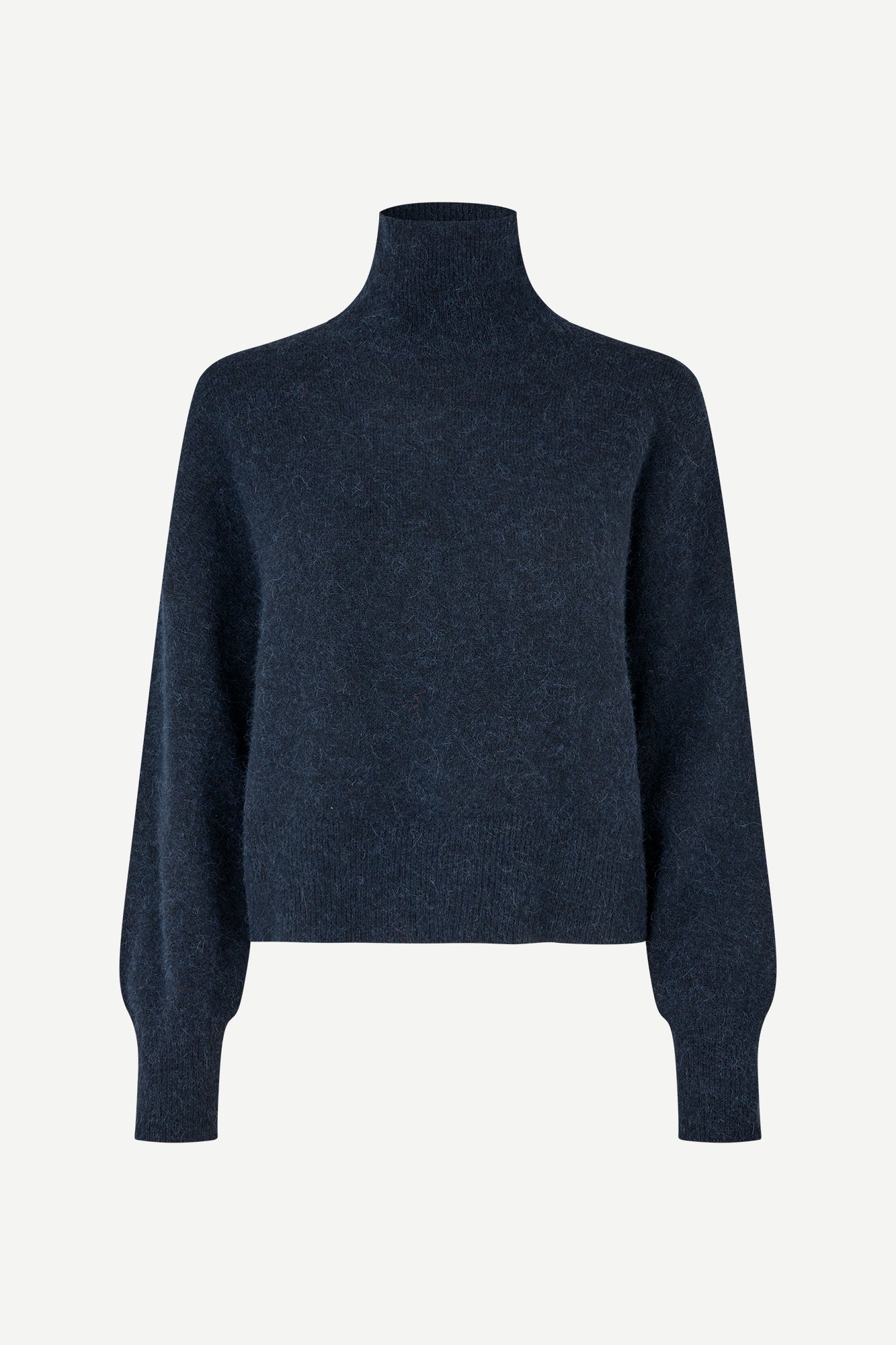 A dark navy blue knit turtleneck sweater with long balloon sleeves, shown on a plain light gray background.
