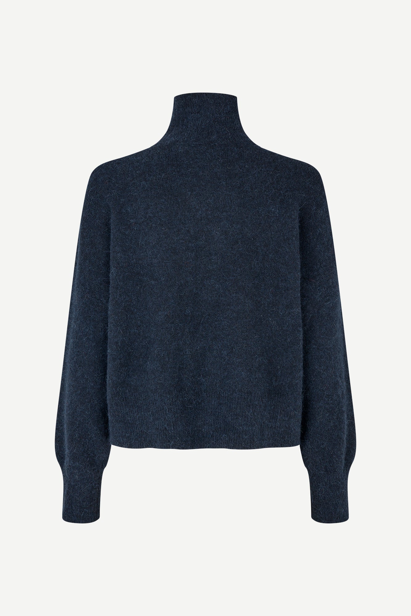 A dark navy blue knit turtleneck sweater with long sleeves, shown from the back on a light gray background.