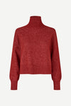 Long-sleeve knit turtleneck sweater in a heathered burgundy red, shown against a plain light gray background.