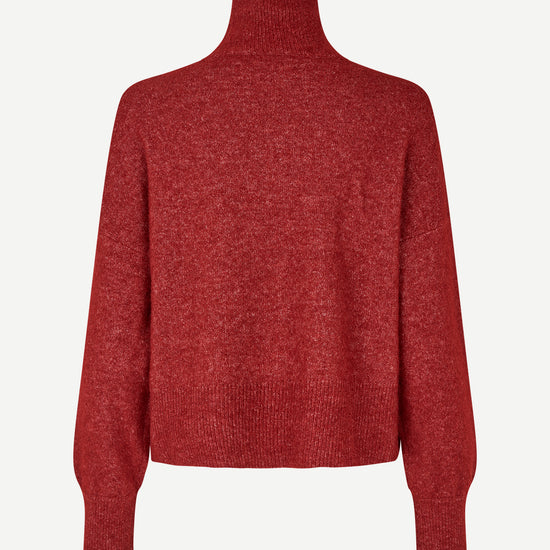 A heathered burgundy knit turtleneck sweater with long sleeves, shown from the back against a light gray background.