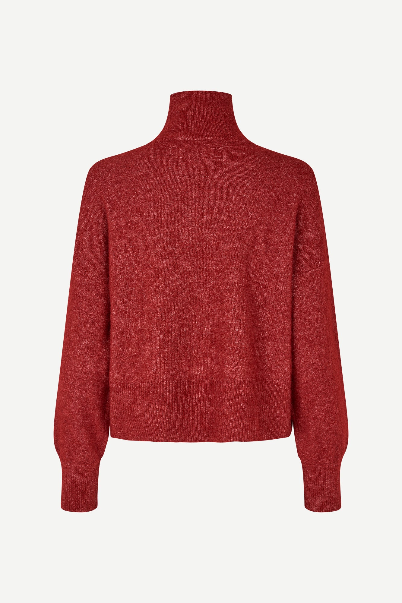 A heathered burgundy knit turtleneck sweater with long sleeves, shown from the back against a light gray background.