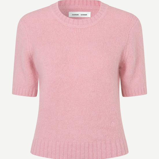 A light pink short-sleeve knit sweater with a crew neck and ribbed hem, shown against a plain light gray background.