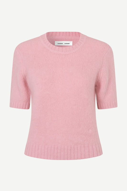 A light pink short-sleeve knit sweater with a crew neck and ribbed hem, shown against a plain light gray background.