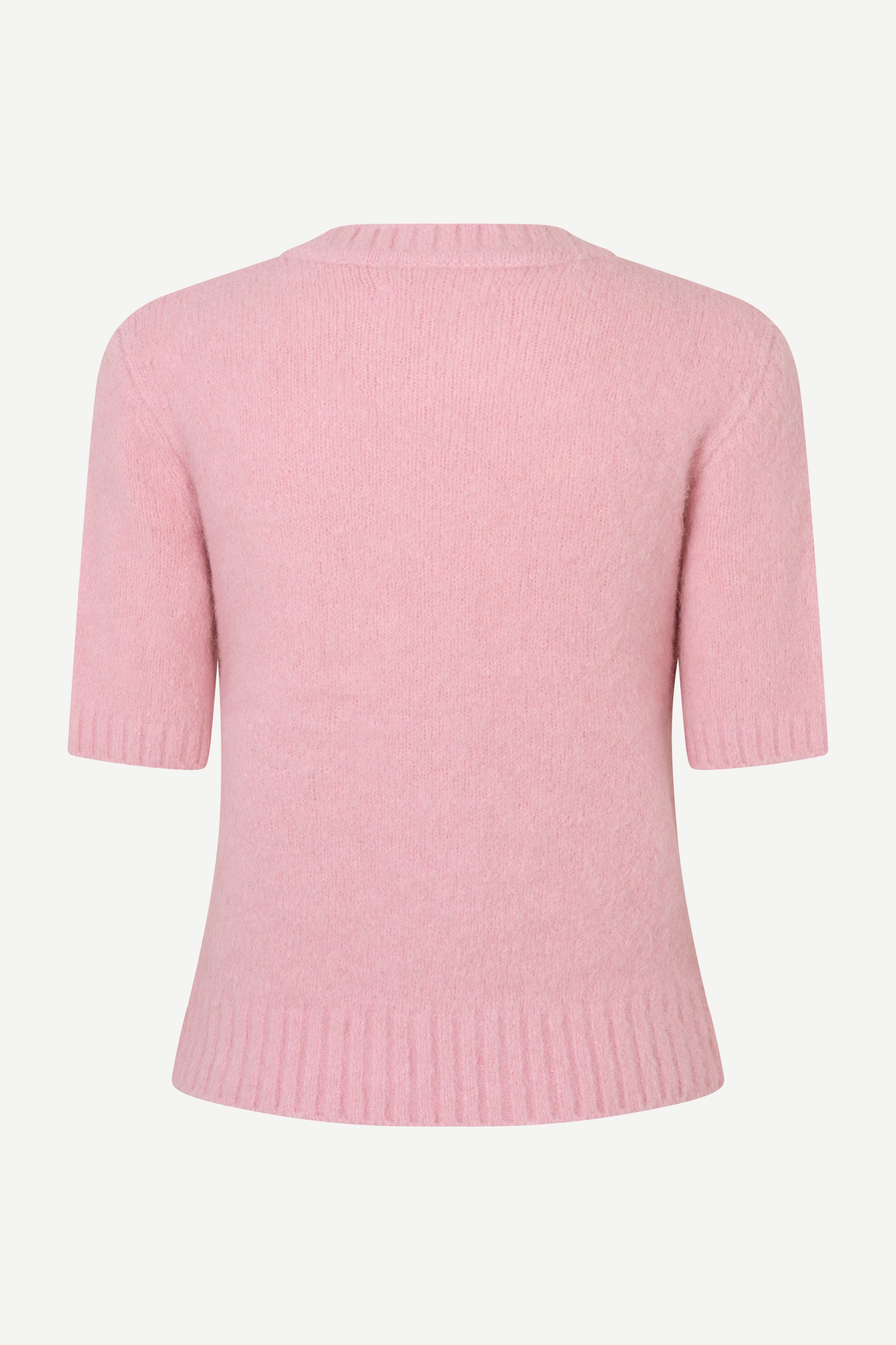 A light pink short-sleeve knit sweater shown from the back, featuring ribbed collar, cuffs, and hem, on a plain light gray background.