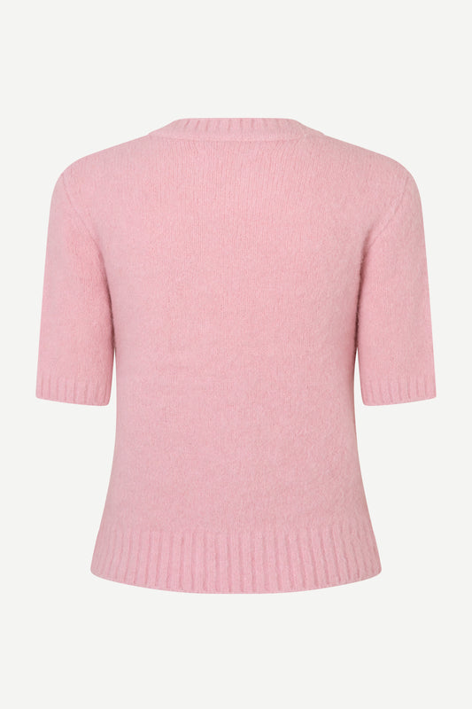 A light pink short-sleeve knit sweater shown from the back, featuring ribbed collar, cuffs, and hem, on a plain light gray background.