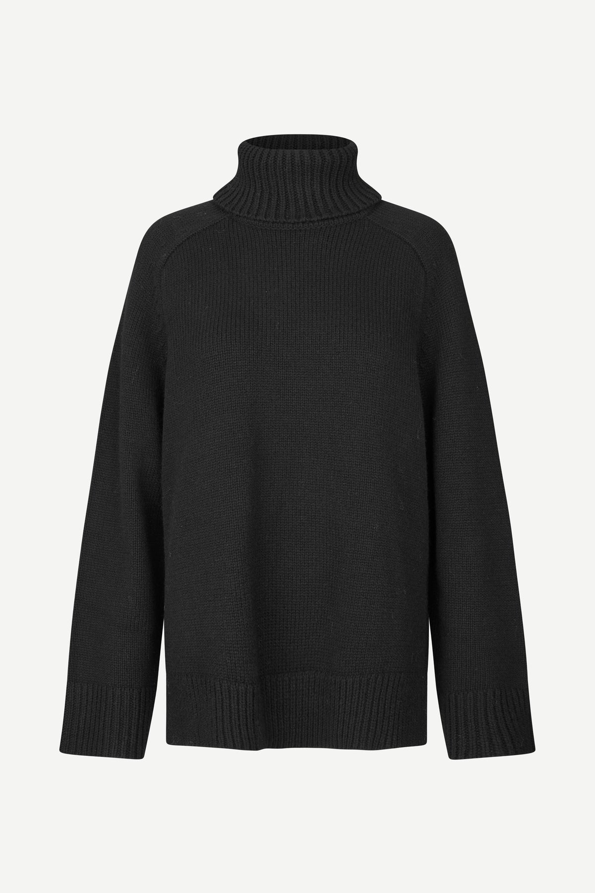 A black ribbed-knit turtleneck sweater with raglan sleeves, shown against a plain light gray background.