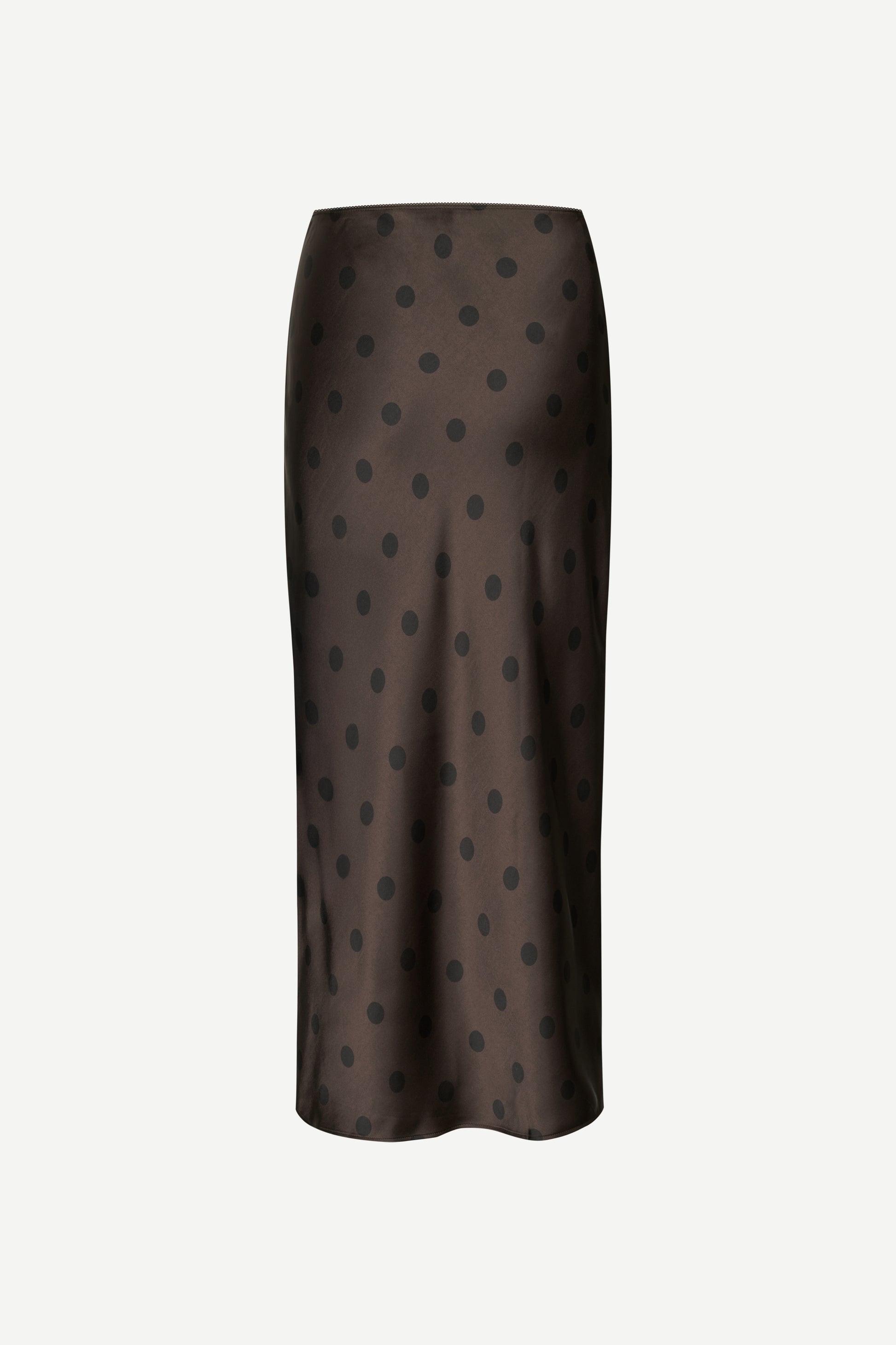Dark brown skirt with black polka dots on a white background