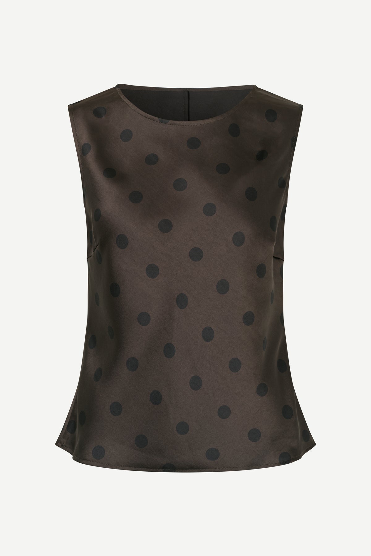 Brown sleeveless top with black polka dots on a white background