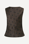 A sleeveless dark brown vest with a black polka dot pattern, shown from the back against a light gray background.