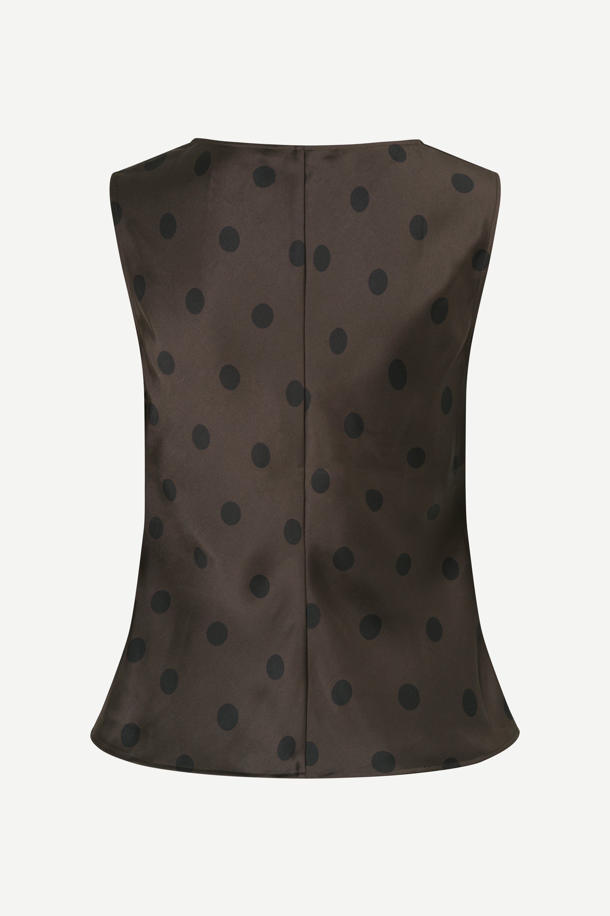A sleeveless dark brown vest with a black polka dot pattern, shown from the back against a light gray background.