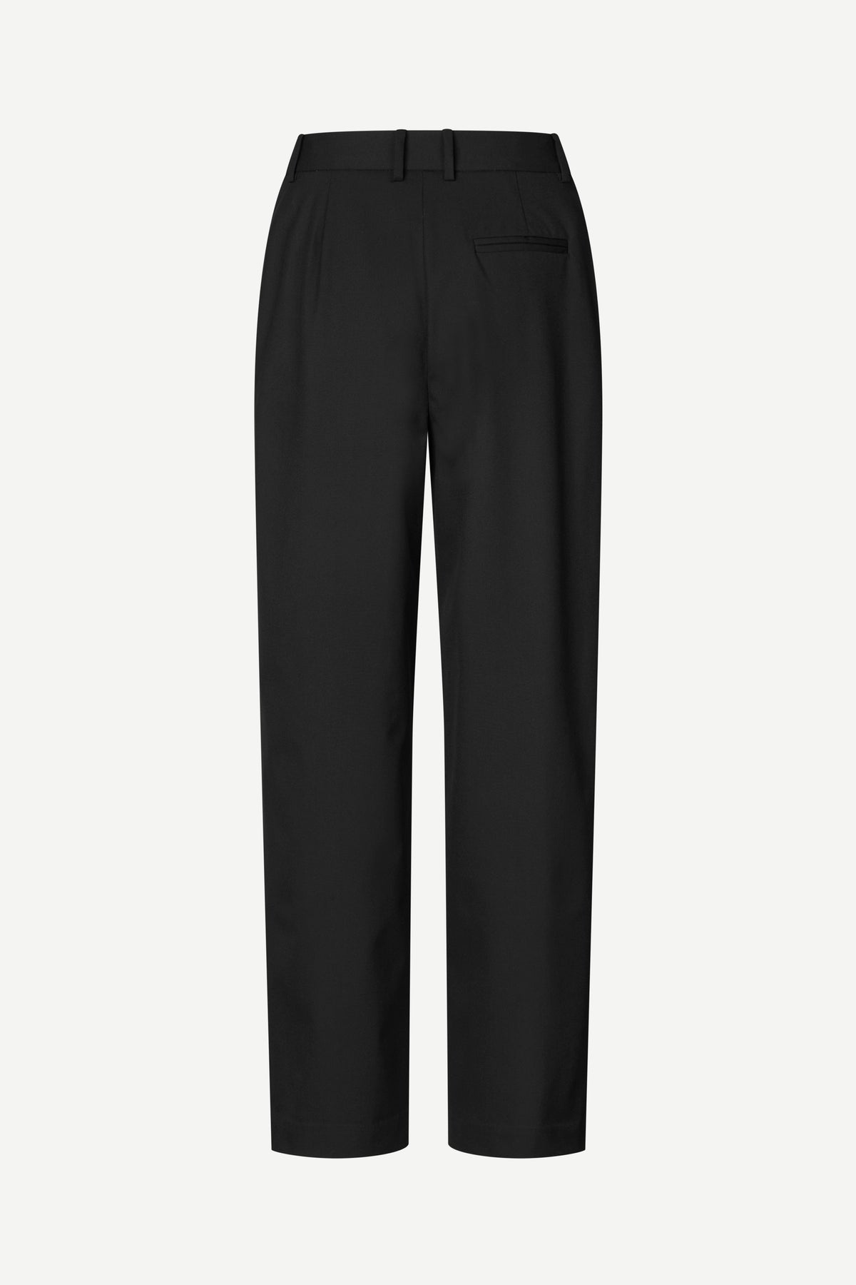 Black wide-leg cropped trousers with a flat front and belt loops, shown against a plain light gray background.